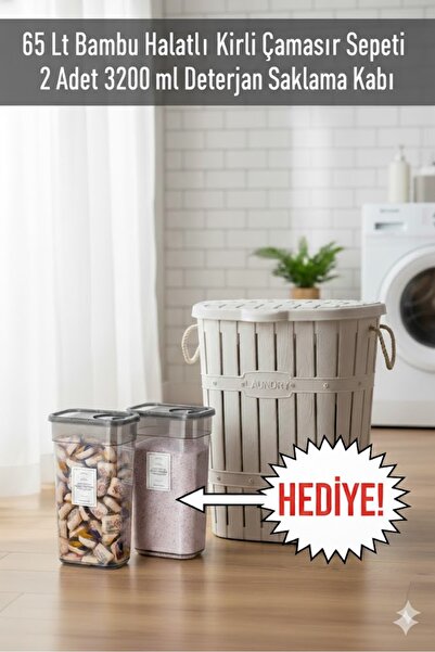 Buclee 65 Lt Bambu Halatlı Kirli Çamaşır Sepeti & 2 Adet 3200 ml Deterjan Sak...