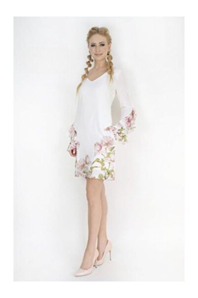 Betty M Short white floral scuba cocktail dress with long sleeves