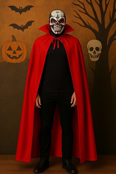 TOYFEST Σετ μανδύας βαμπίρ και μάσκας αιματορροϊκού κρανίου με κόκκινο γιακά 120 εκ. για ενήλικες – Στολή για το Halloween