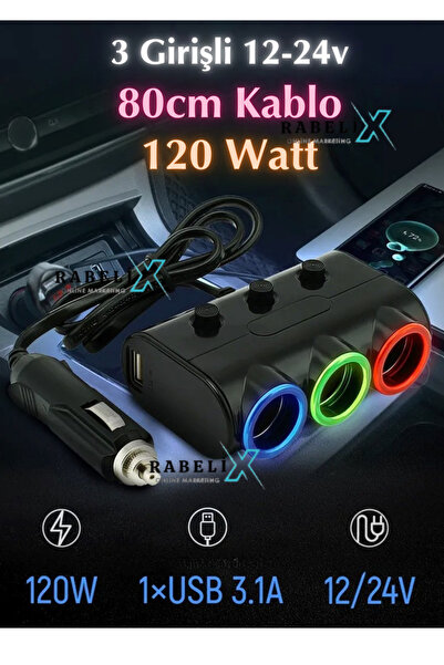 Rabelix Online Marketing 3 lü Çakmak Soketi 120W Çakmaklık Çoğaltıcı 80Cm Kab...