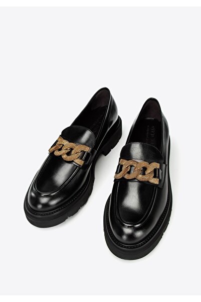 Wittchen Women's Leather Moccasins with Decorative Chain on Platform Black Leather