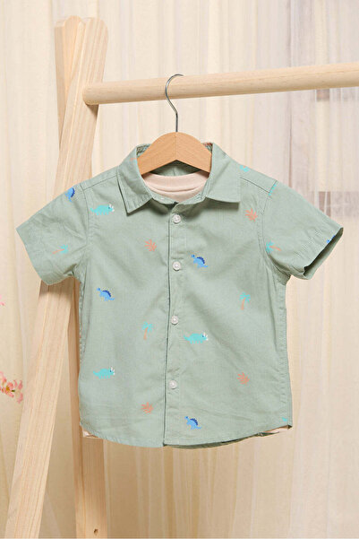 REDTAG Infant Boys Mint And Beige Printed Shirt Set (2 Piece)
