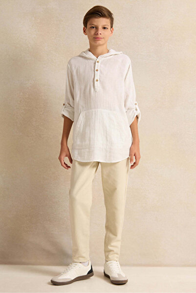 REDTAG Senior Boys White Hooded Kangaroo Pocket Shirt