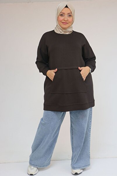 Eslina 58133 Plus Size Modal Tunic with Kangaroo Pocket - Brown