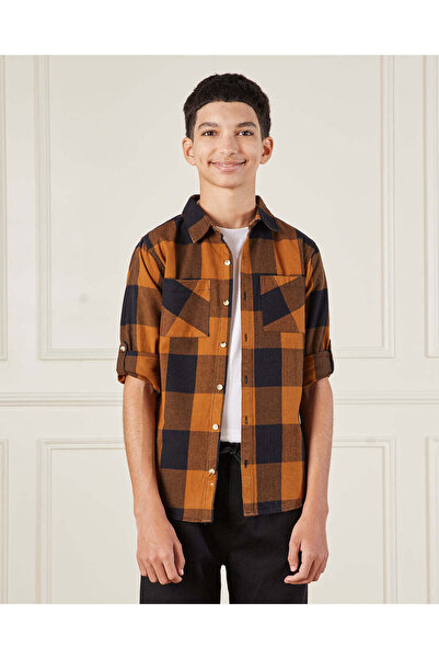REDTAG Senior Boys Orange Checkered Casual Shirt