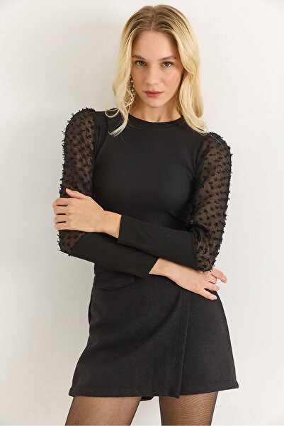 Raneel Kazançlı Alışveriş Kollar Tül Detaylı Uzun Kollu Tasarım Bluz Siyah