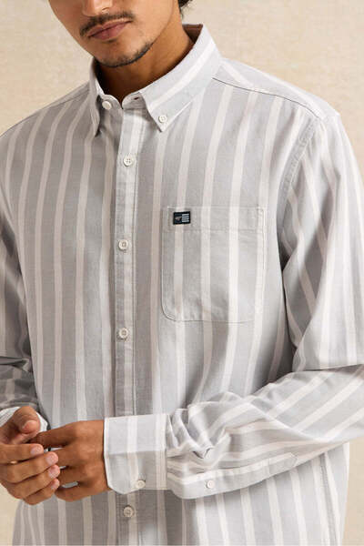 REDTAG Men Grey Mandarin Casual Striped Shirt