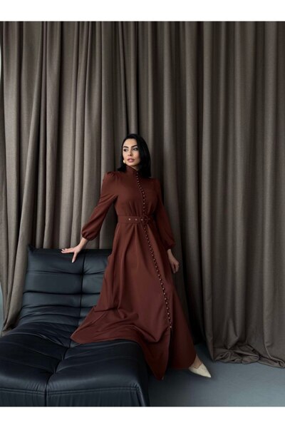 MSN Atlas Fabric Dress with Front Belt (Including Belt) Brown -2511