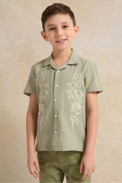 REDTAG Boys Olive Embroidered Short Sleeve Shirt