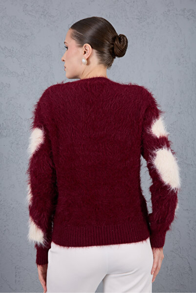 Moda Days Burgundy-Ecru Beard Yarn Patterned Crew Neck Knitwear Sweater