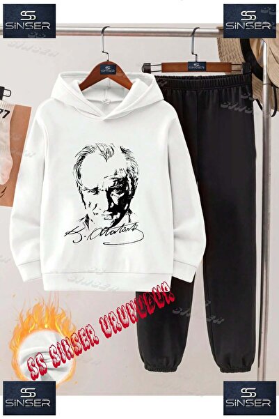 SS SİNSER Children's Unisex'Ataturk Signed Black' Special Printed Hooded Trac...