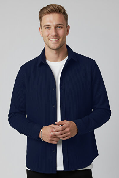 DeepSEA Ανδρικό πουκάμισο Navy Blue Velvet κοτλέ Relaxed Fit Πουκάμισο με απαλή υφή ελαστικό ύφασμα Velvet Shirt 2600758