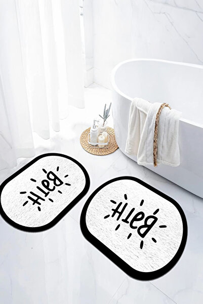 EVİMSEN Dijital Kaymaz Taban Yıkanabilir Bath Yazılı Oval Banyo Paspası Kloze...