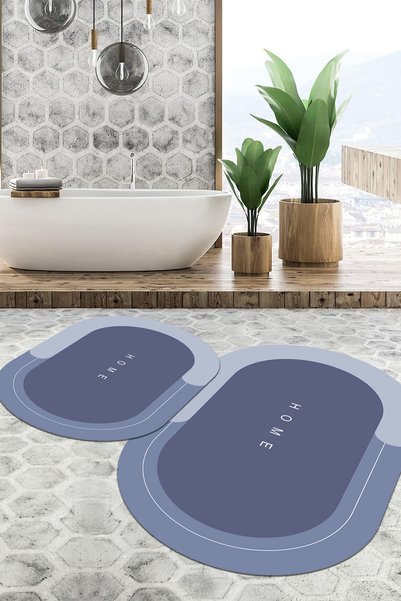 EVİMSEN Digital Non-Slip Base Washable Home Written Oval Bath Mat Toilet Set