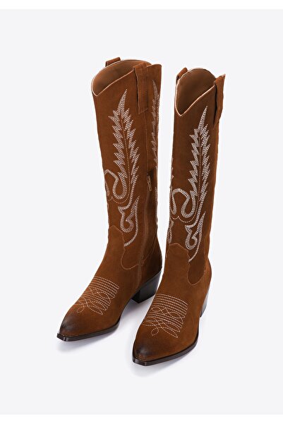 Wittchen Ghete cowboy pentru femei în piele întoarsă cu broderie, maro, înalt...