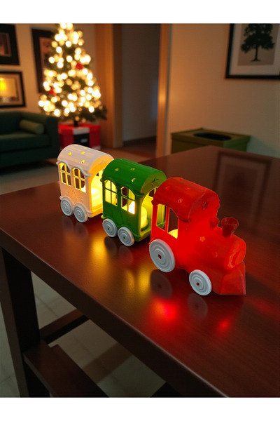 Root Made Yılbaşı Temalı Işıklı Dekoratif Noel Treni (1 Makinist + 2 Vagon) - Tealight Mumlu Yılbaşı Dekoru