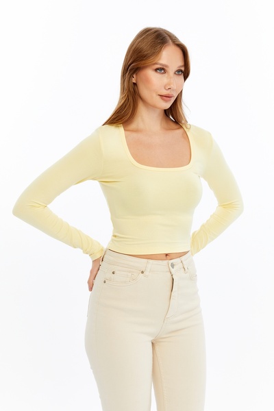 LAENT Women's Butter Yellow Square Neck Long Sleeve Crop Blouse
