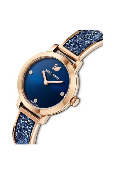 Swarovski Crystal ساعة كوزميك روك، سوار معدني، أزرق، مطلية باللون الذهبي الوردي