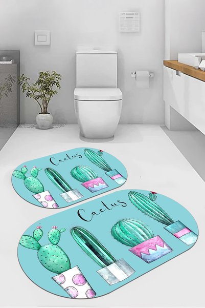 EVİMSEN Digital Non-Slip Base Washable Colorful Cactus Model Oval Bath Mat Toilet Set