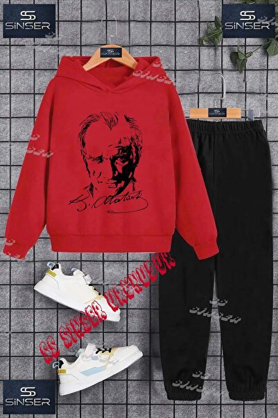 SS SİNSER Children's Unisex'Ataturk Signed Black' Special Printed Hooded Trac...