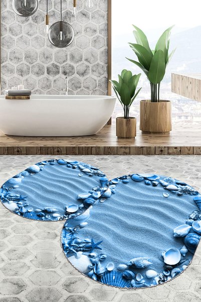 EVİMSEN Digital Non-Slip Base Washable Colorful Stone Pattern Oval Bath Mat Toilet Set