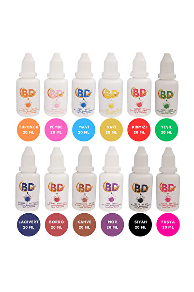 BatıDoğu BD 12'li Sıvı Gıda Boyası Seti – 20 ml (Turuncu, Pembe, Mavi, Sarı, Yeşil, Kırmızı, Lacivert, Bordo,