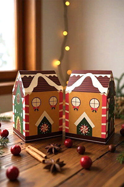 OLİ Art Yılbaşı Ev Kutu Kahvei Desen Çatı 6 Adet - 8.5x9.5x14 cm – Hediye Kutusu Karton Noel Evi Tasarım