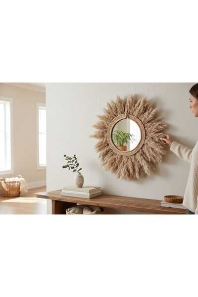 Ylc Tasarım Gerçek Pampas Otu Güneş Ayna | Lüks Bohem Jüt Halat Çerçeve | İskandinav & Boho Duvar Dekoru