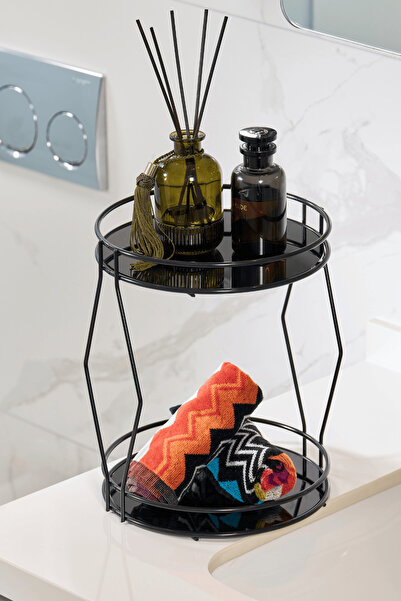 Edora Home منظم أنيق للحمام من طبقتين باللون الأسود للعطور والمجوهرات ومستحضرات التجميل، مع زجاج بليكسي