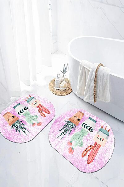 EVİMSEN Set de scaune pentru toaletă cu covoraș de baie oval, lavabil, cu model de cactus colorat, cu bază digitală anti-alunecare