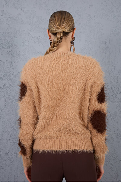 Moda Days Beige-Brown Beard Yarn Patterned Crew Neck Knitwear Sweater