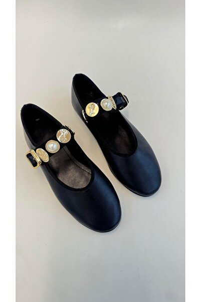 Eataly Shoes Siyah Cilt Gold Tokalı Kadın Babet