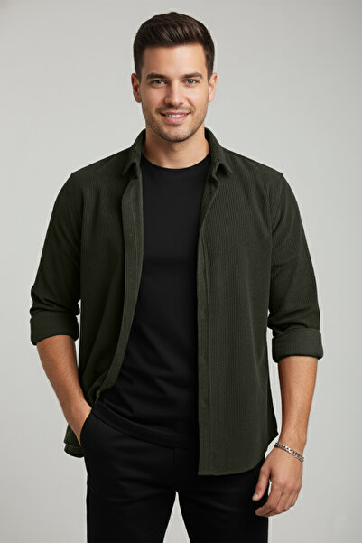 DeepSEA Мъжка зелена кадифена риза с ребра, удобна кройка, мека текстура, еластична кадифена риза 2600758