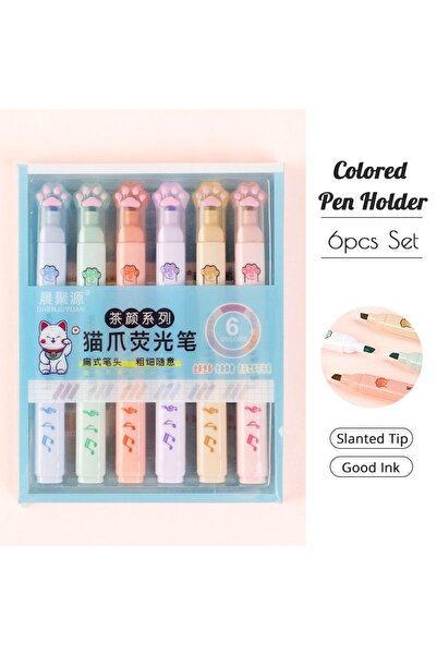 Choice A 6 Pieces Set Kawaii Cat Paw Highlighter 6 Colors Slanted Tip Markers Liquid Ink for Student Schoo.