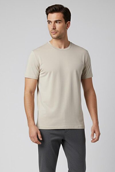 Sabri Özel BİSİKLET YAKA ERKEK T-SHIRT Bej