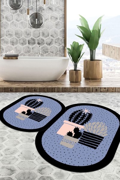 EVİMSEN Digital Non-Slip Base Washable Cactus Patterned Oval Bath Mat Toilet Set