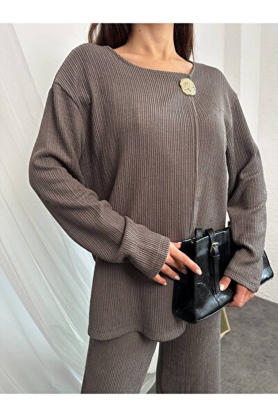 manana fashion Special Design Wrinkled Fabric Buckle Cardigan Pants Set