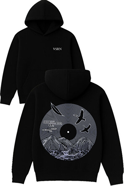 VSRN تصميم طيور الجبل مطبوع قصة فضفاضة سويت شيرت أسود بغطاء رأس