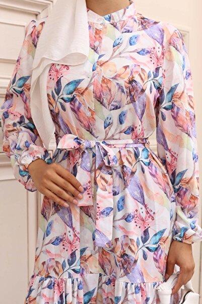 Hiccup Bdart Buttoned and Belted Detail Crew Neck Maxi Dress