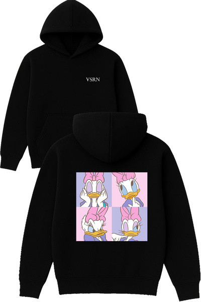 VSRN Hanorac negru supradimensionat cu glugă, cu imprimeu Sweet Duck Design