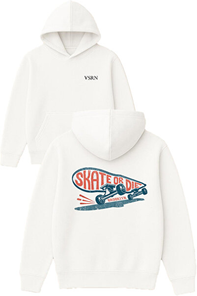 VSRN Hanorac alb supradimensionat cu glugă, cu imprimeu design „Skate or Die”