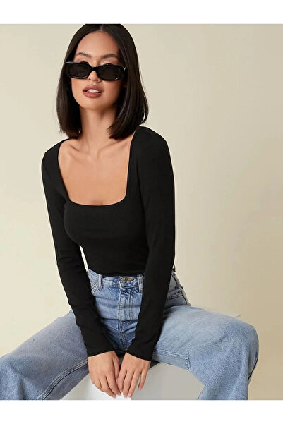bysoca Дамска черна блуза с дълъг ръкав, квадратна яка, от копринен джърси, п...