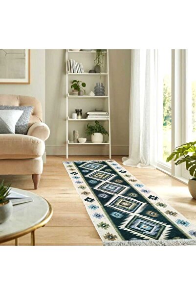 OEM Traditional jute rug, size 80 x 300 cm, green and cream, Romb model