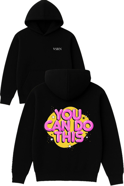 VSRN يمكنك أن ترتدي هذا السويت شيرت بتصميم مطبوع قصة فضفاضة أسود بغطاء رأس