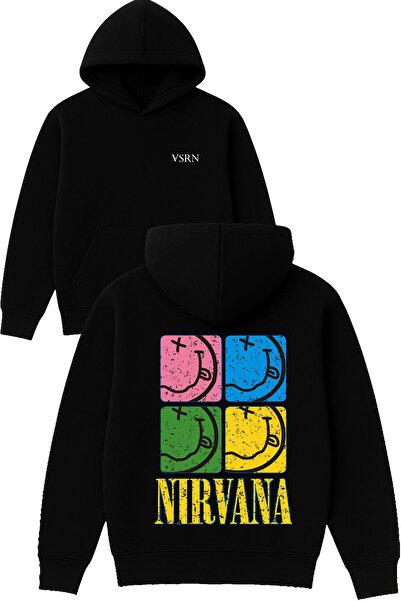 VSRN تصميم نيرفانا الملون مطبوع قصة فضفاضة سويت شيرت أسود بغطاء رأس