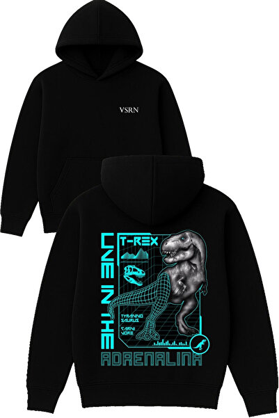 VSRN تي ريكس ديزاين مطبوع قصة فضفاضة سويت شيرت أسود بغطاء رأس