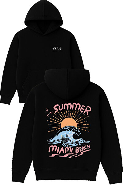 VSRN Summer Miami Beach Hanorac negru supradimensionat cu glugă și imprimeu