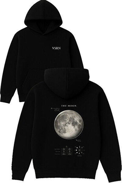 VSRN سترة بتصميم القمر مطبوع قصة فضفاضة باللون الأسود بغطاء رأس