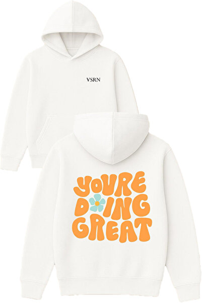 VSRN سترة رياضية Youre doıng Design مطبوع قصة فضفاضة باللون الأبيض بغطاء رأس
