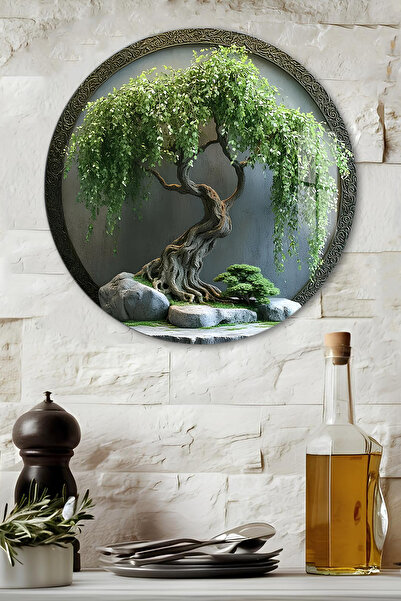 kutuTR 3D Görünümlü Temperli Cam Tablo – Bonsai Ağaç Temalı Duvar Süsü UV Baskı 33x33 cm CDS002